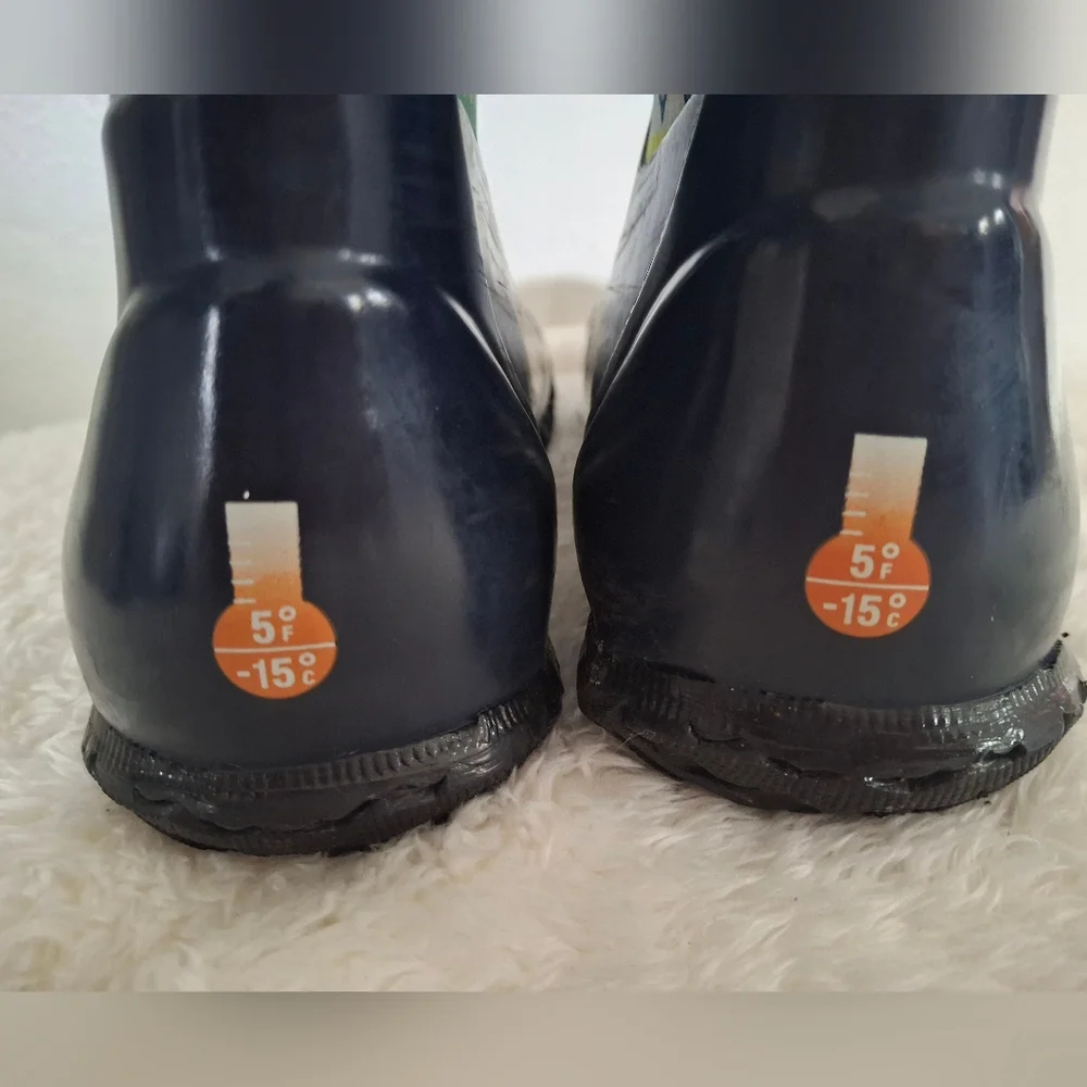 Kid's BOGS North Hampron Patterned Rain Boots - Navy and Green Size 4.